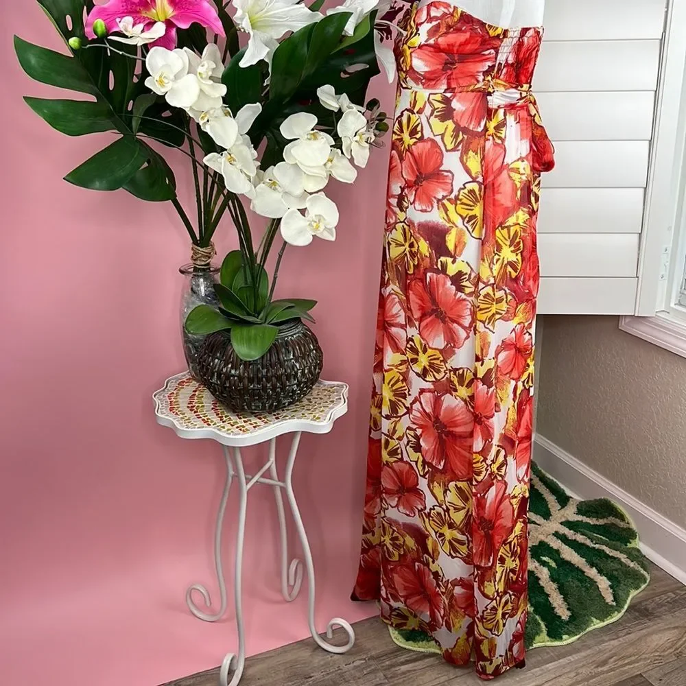 Xhilaration Strapless Tropical Fall Hibiscus Floral Maxi Summer Dress